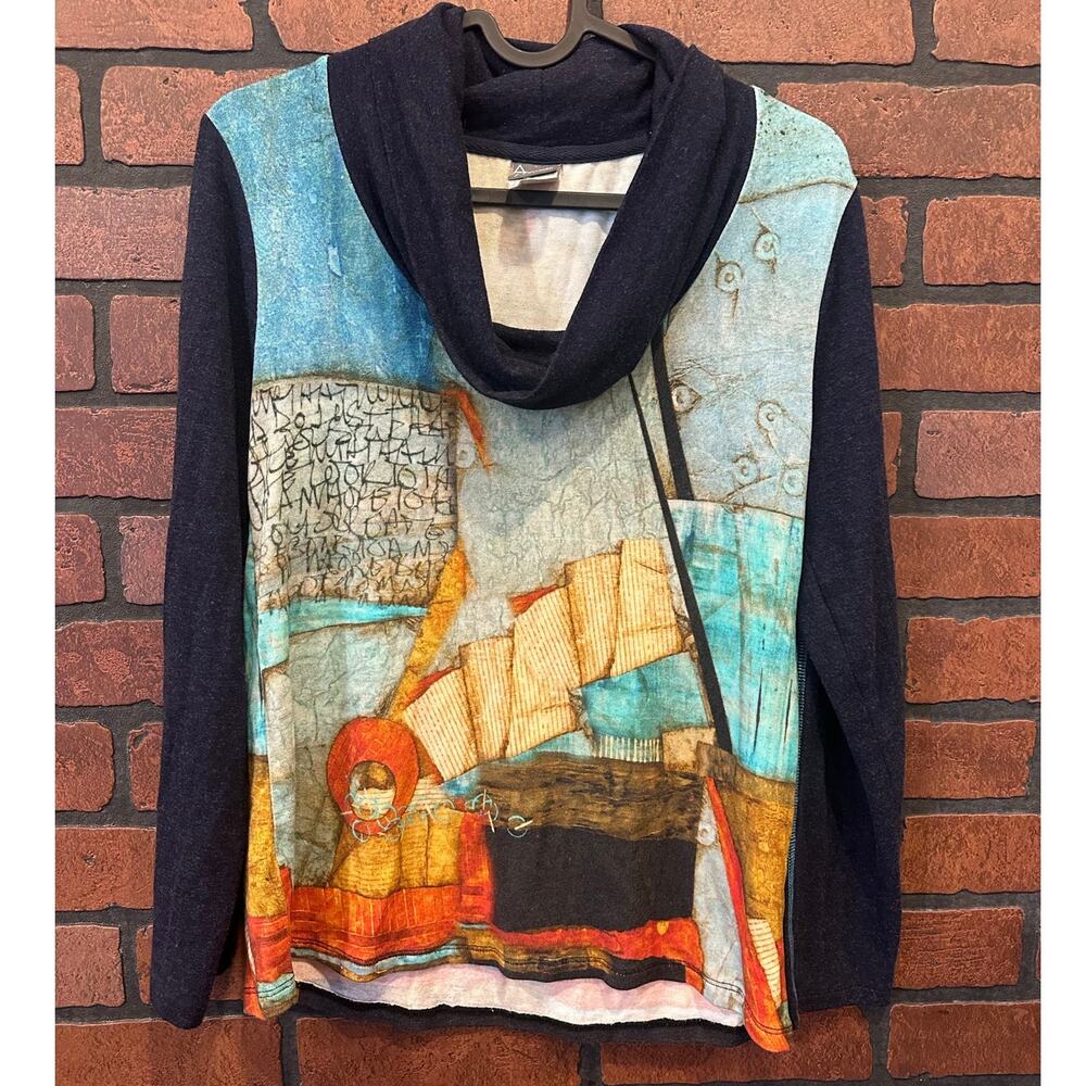 Simply Art by Dolcezza Womens Tunic Top Small Multicolor Artsy Print Cowl Neck